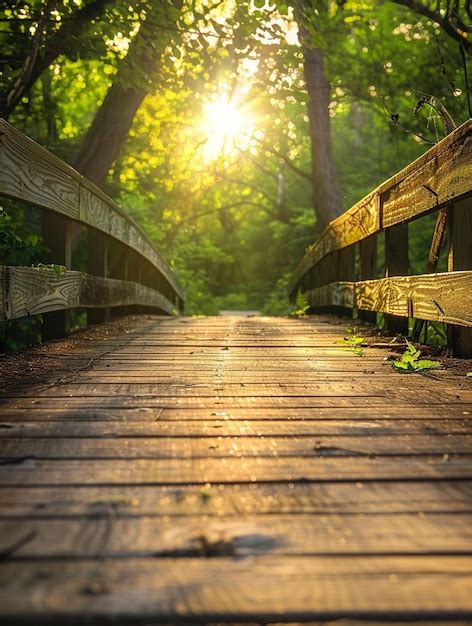 Ponte De Madeira Iluminada Pelo Sol No Caminho Da Floresta Serena