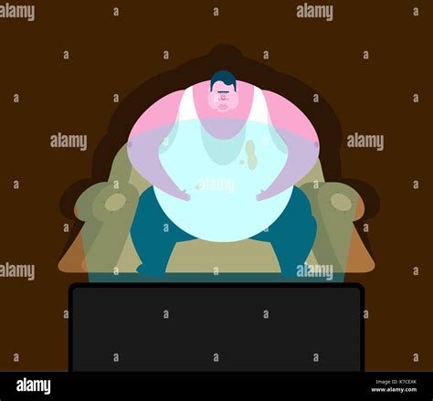 Fat Guy Is Sitting On Chair And Tv Glutton Thick Man And Televisor