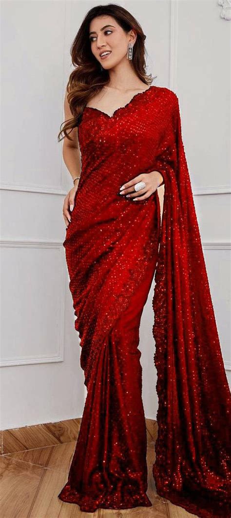 Party Wear Reception Red And Maroon Color Georgette Fabric Saree