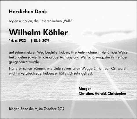 Traueranzeigen von Wilhelm Köhler vrm trauer de