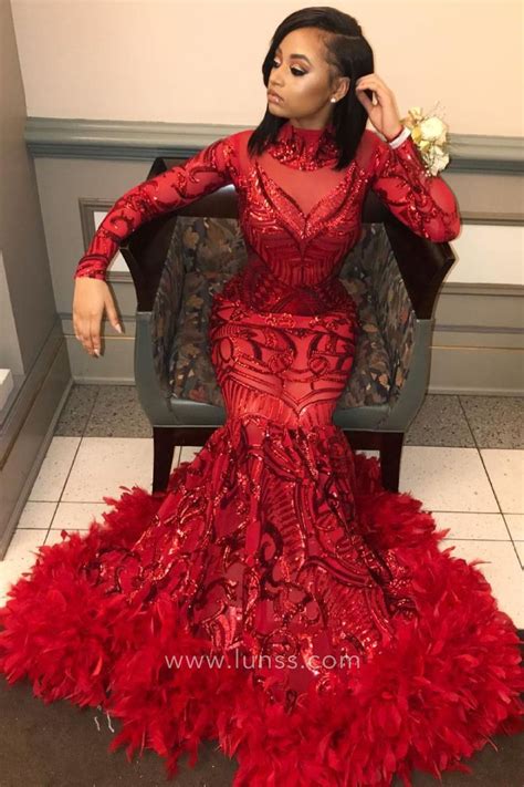 Unique Pattern Red Sequin Feather Long Sleeve Prom Dress Lunss