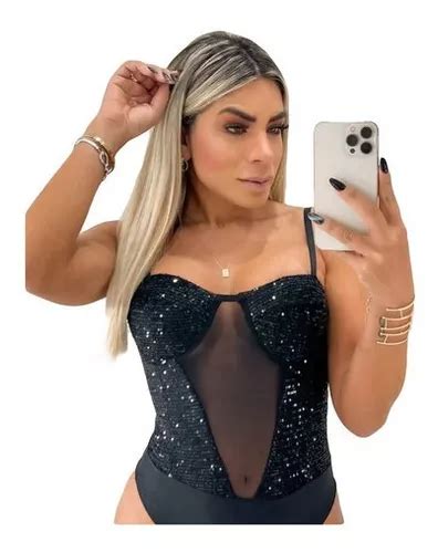 Body Feminino Paet Lantejoula Brilho Decote Tule Bojo Mercadolivre