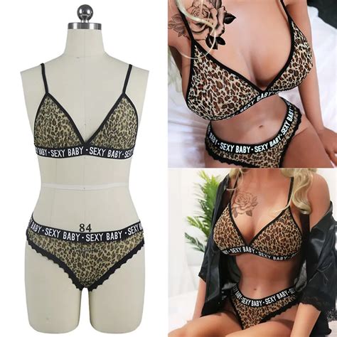 Women Bra Set Sexy Leopard Push Up Lingerie Letter Seamless Mesh