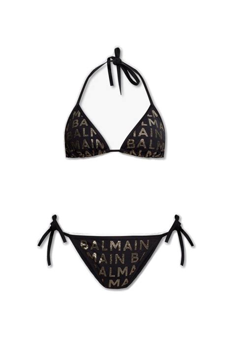 Balmain Glitter Logo Triangle Bikini In Black Gold Modesens