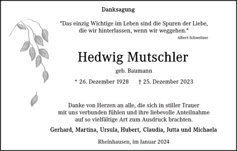 Hedwig Mutschler Traueranzeige Badische Zeitung