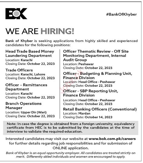 Job Opportunities At The Bank Of Khyber BOK 2024 Job Advertisement Pakistan