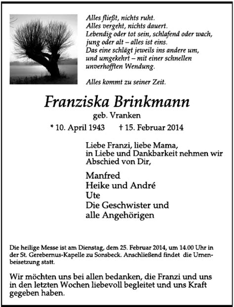 Alle Traueranzeigen F R Franziska Brinkmann Trauer Rp Online De