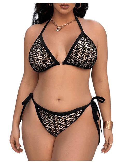 RoseSeek Women Plus Size Thong Bikini Sets String Two Piece Halter Swimsuits With Tie Side