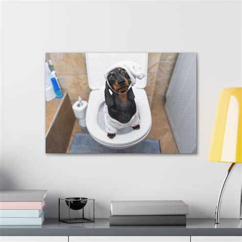 Trinx Dachshund Toilet Training In Pajamas On Toilet Funny Canvas Wall Art | Wayfair
