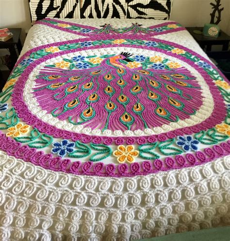 Vintage Peacock Chenille Bedspread Queen King Size Stunning Etsy Chenille Bedspread Shabby