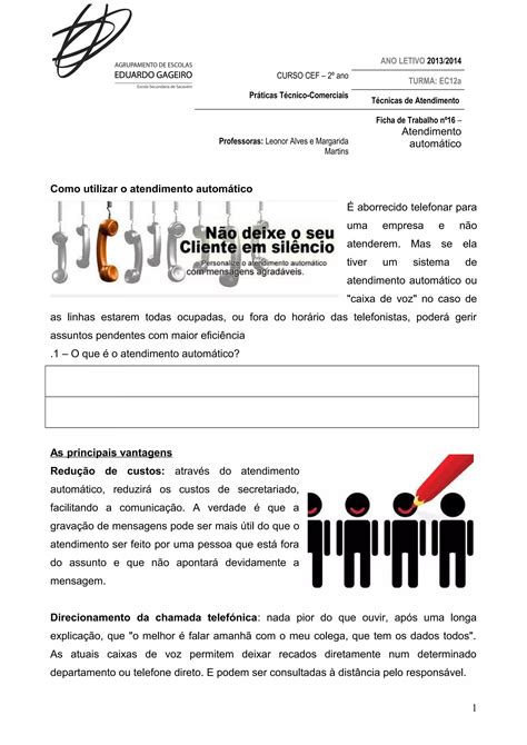 Ficha De Trabalho N Teca A No Atend Autom Pdf