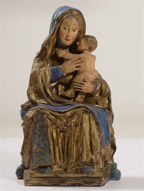 Scultura In Cartapesta Dipinta Raffigurante Madonna Con Bambino XX