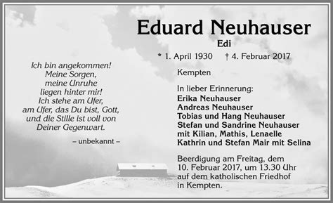 Traueranzeigen Von Eduard Neuhauser Allg Uer Zeitung