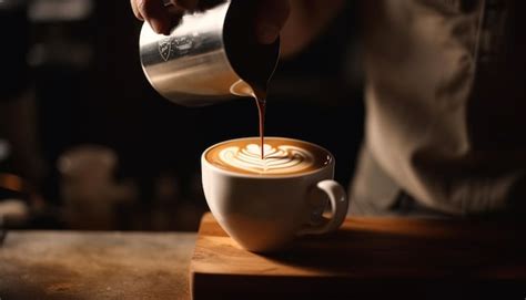 Premium AI Image The Barista Hand Pours A Frothy Cappuccino On Wood