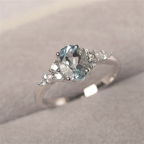 Oval Cut Aquamarine Ring Sterling Silver Engagement Ring March