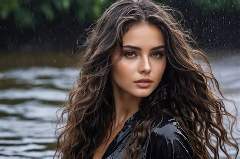 Portrait Beautiful Model Woman With Wet Flowing Healthy Long Hair And