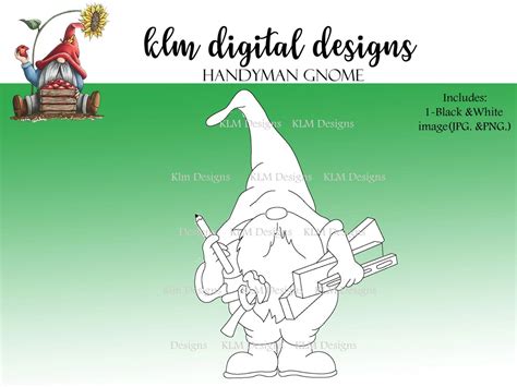 Handyman Gnome Digital Stamp Black And White