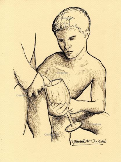 Naked Piss Boy With Glass Pen Ink Figure Drawing Gay Fine Art