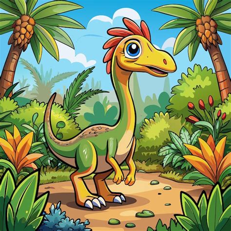 cartoon image   dinosaur  palm trees  plants premium ai