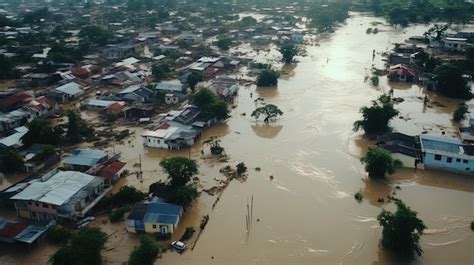 Vista Aérea Inundaciones En Un País Africano Carreteras Arrasadas Casas Dañadas Y Escombros En