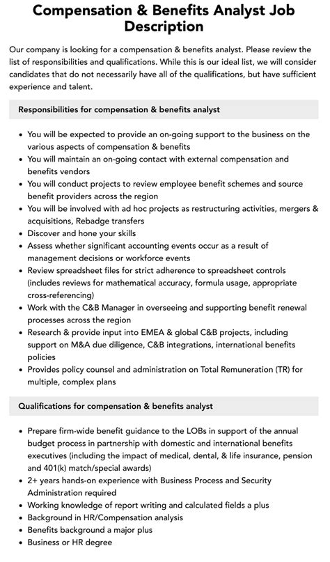 Compensation And Benefits Analyst Job Description Velvet Jobs