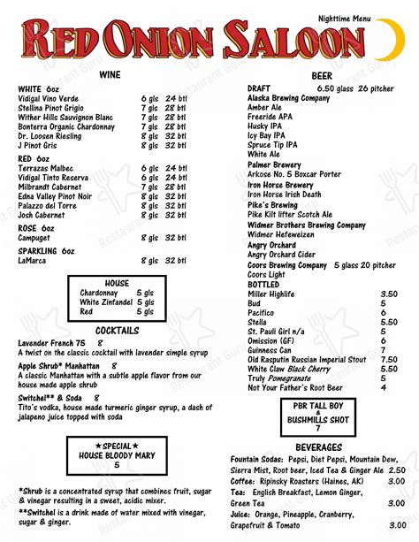 Menu At Red Onion Saloon Pub And Bar Skagway 201 Broadway