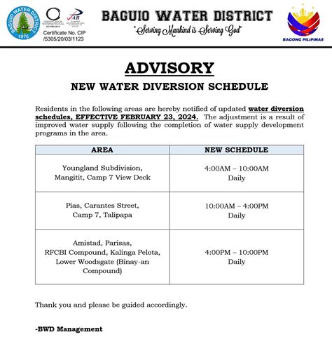 New Water Diversion Schedule Baguio Water District