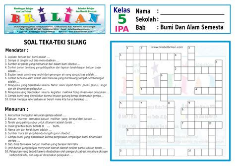 Soal Teka Teki Silang TTS IPA Kelas 5 SD Bab Bumi Dan Alam Semesta