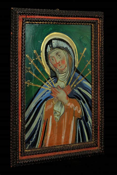 Ancienne Peinture Fix Sous Verre De La Mater Dolorosa Art Populaire