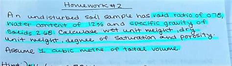 Solved Homework 2 An Undisturbed Soil Sample Has A Void Ratio Of 078