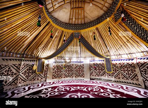 Ethnic Nomadic House Yurt Interior With Carpet And Dombra Instrument Of