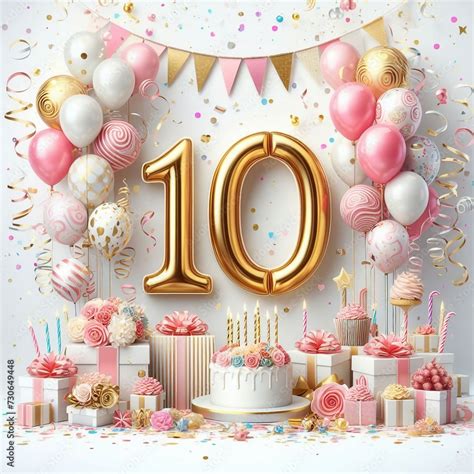 Vector Illustration Of A Number 10th Birthday Balloon Celebration Cake