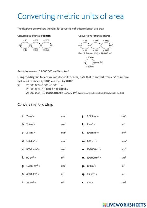 Converting metric units of area worksheet | Live Worksheets ...