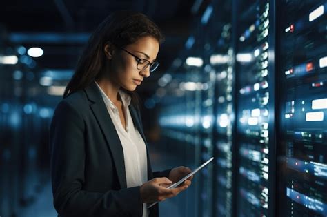 Frau überprüft tablet im serverraum technologie konnektivität daten