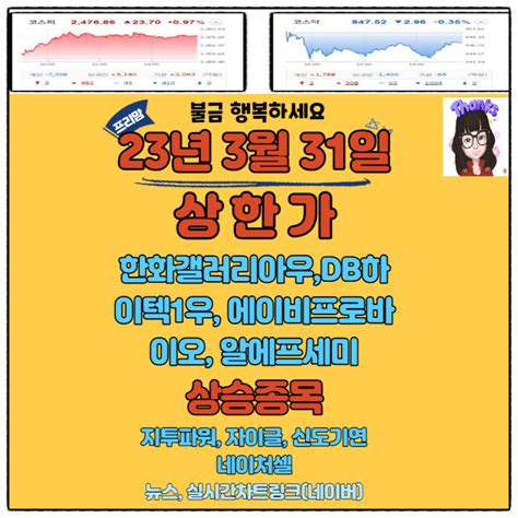 23년 3월 31일 상한가한화갤러리아우db하이텍1우에이비프로바이오알에프세미상승 종목이유특징주지투파워신도기연