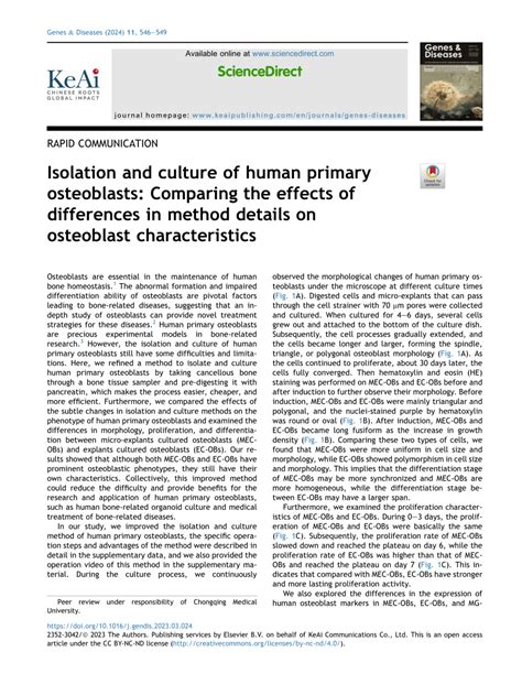 PDF Isolation And Culture Of Human Primary Osteoblasts Comparing The