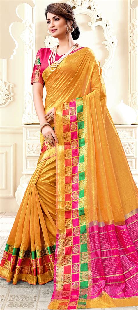 Traditional Yellow Color Silk Silk Cotton Fabric Saree