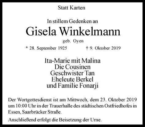 Traueranzeigen Von Gisela Winkelmann Trauer In NRW De