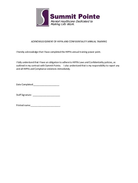 Fillable Online Hipaa Training Acknowledgement Form Fax Email Print