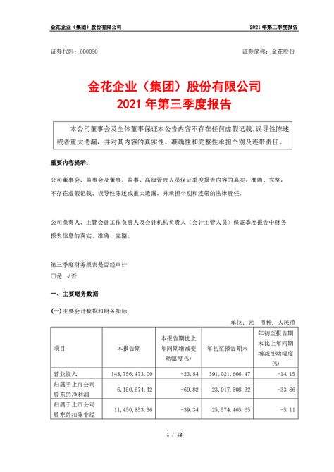 金花股份：金花企业（集团）股份有限公司2021年第三季度报告