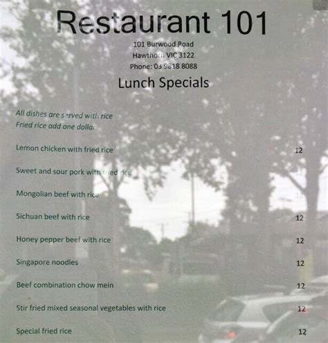 Restaurant 101 Menu, Menu for Restaurant 101, Hawthorn, Melbourne ...