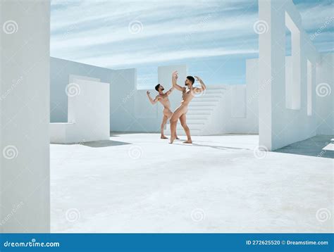 Naked Statue Art Deco And Men Posing In Open Space Architecture In The