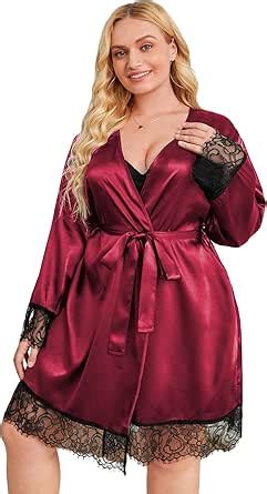 Wdirara Women S Plus Size Satin Lace Trim Long Sleeve Belted Kimono