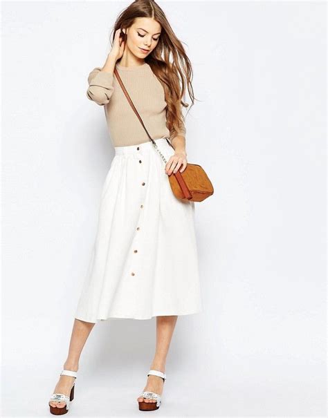 ASOS COLLECTION Denim High Waisted Button Through Midi Skirt In White