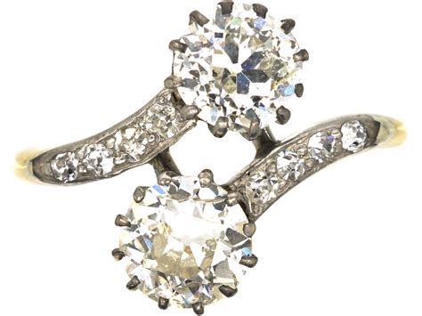 Edwardian 18ct Gold And Platinum Two Stone Diamond Crossover Ring With Diamond Set Shoulders