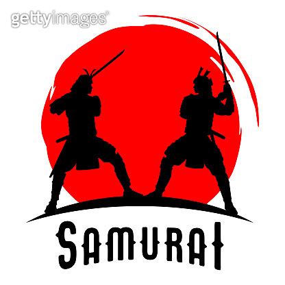 Silhouette Of Two Japanese Samurai Sword Fighting Vector Illustration