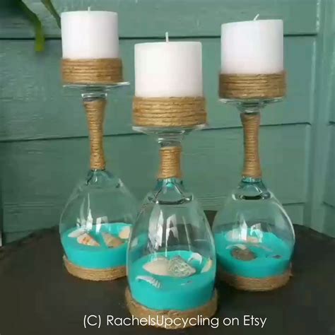 Seashell And Sand Wine Glass Candle Holders Pretty Beach Bathroom Decor Diy Sand Wine Glass