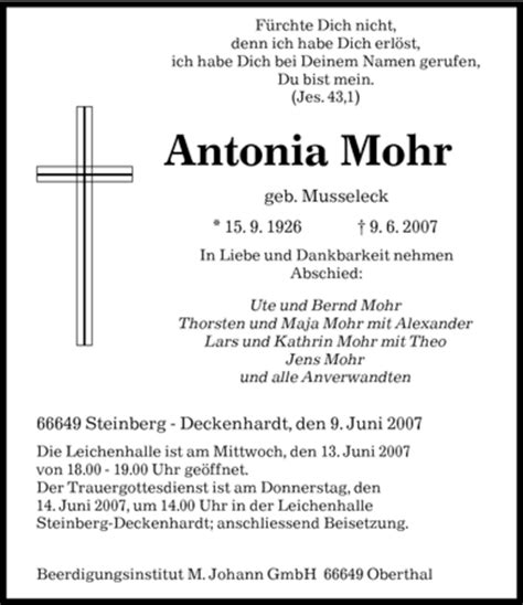 Traueranzeigen Von Antonia Mohr Saarbruecker Zeitung Trauer De