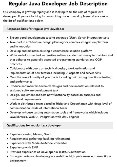 Regular Java Developer Job Description Velvet Jobs