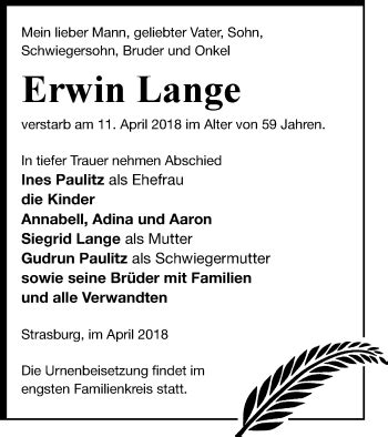 Traueranzeigen Von Erwin Lange Trauer Nordkurier